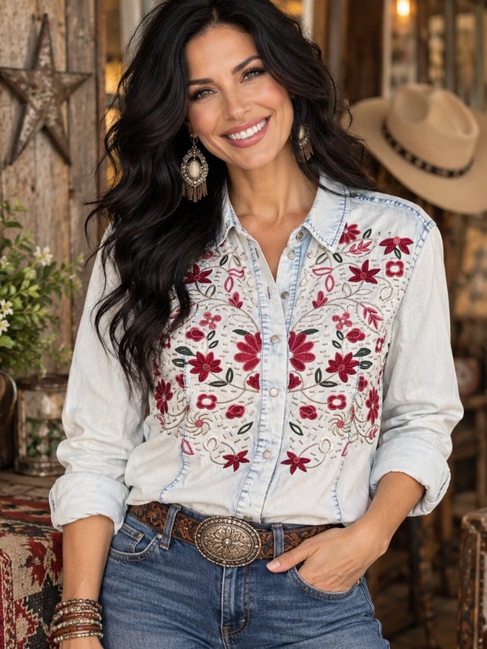 Lucky & Blessed Light Wash Denim Button-Down with Red Floral Embroidery